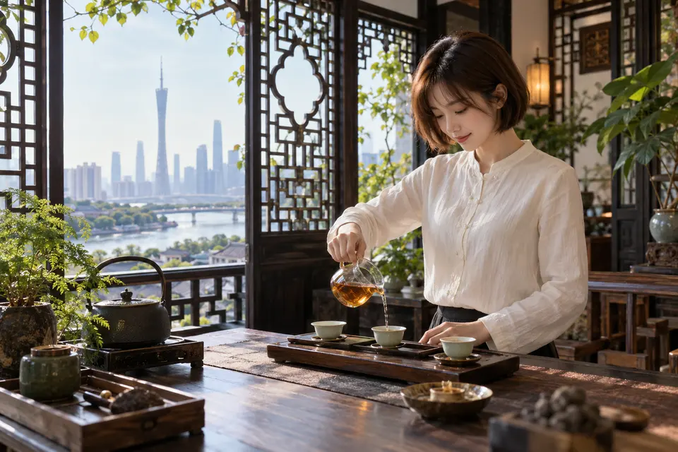 岭南花窗旁的冲泡空间，公道杯中盛着茶汤，是广州品茶的常见场景