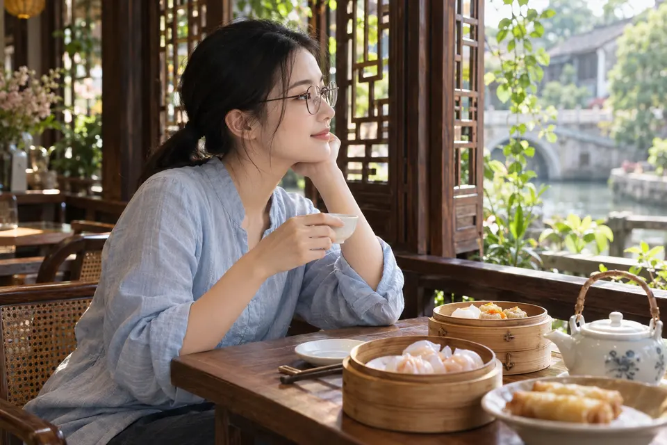 岭南早茶场景中的白瓷茶具与茶点，适合边饮边聊